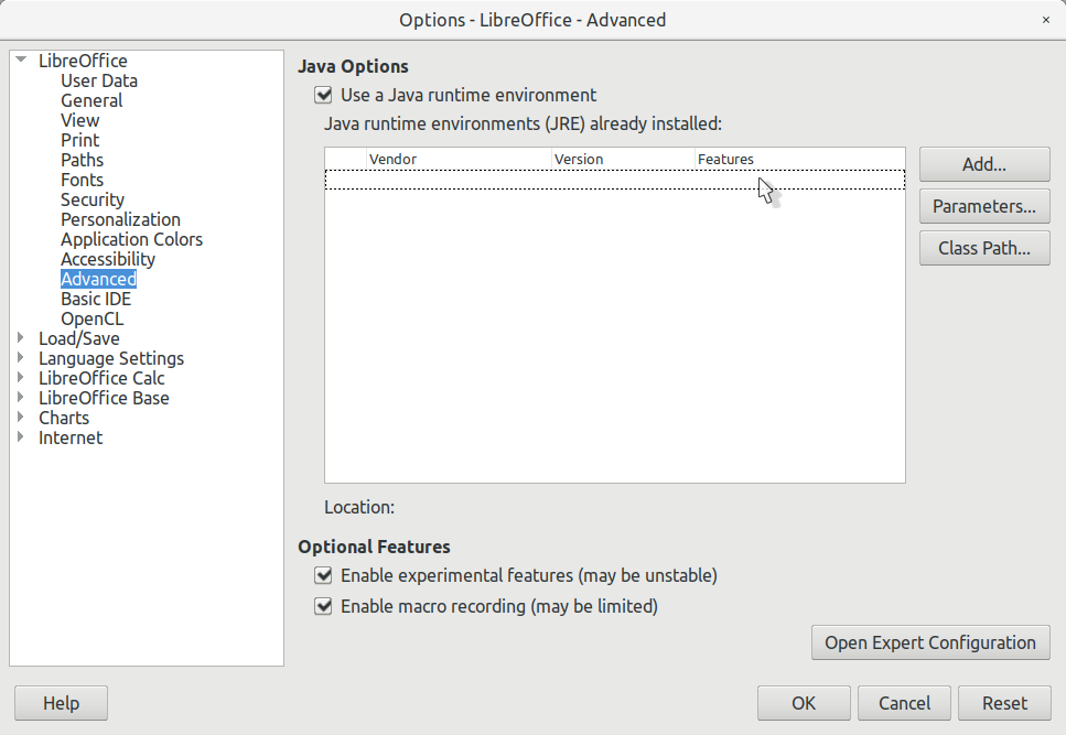 LibreOffice Options Dialog - Before JRE Installation